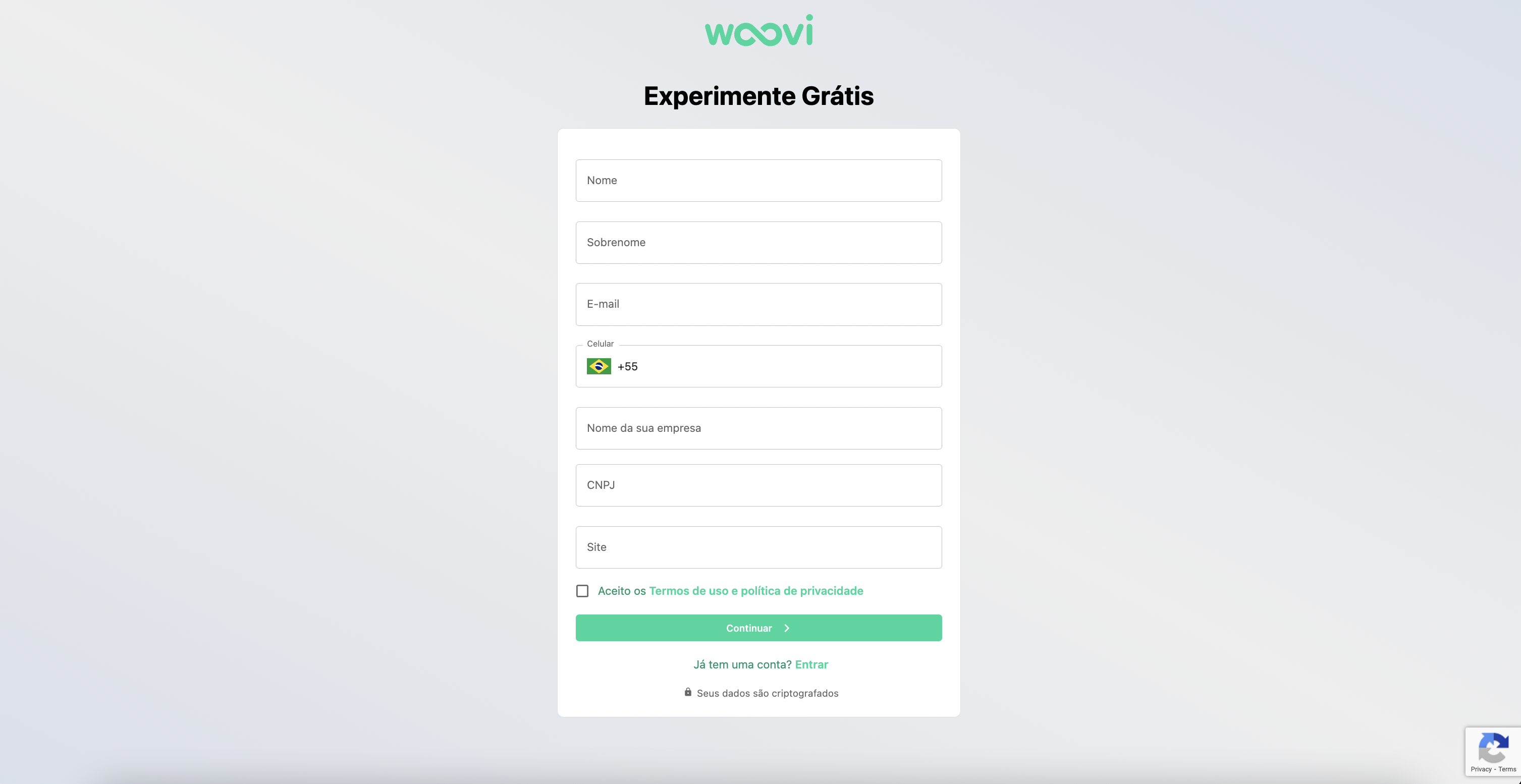 Página de registro da Woovi