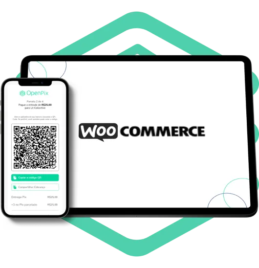 Tablet com logo do WooCommerce e um celular com link de pagamento pix da OpenPix